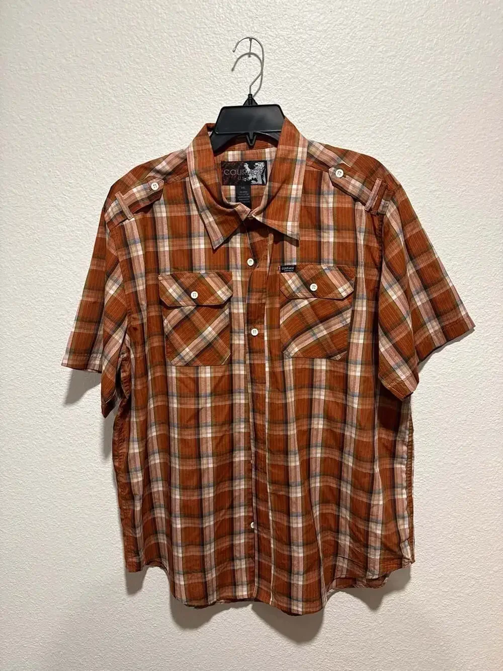 Courage Clothing Co. Men's Short Sleeve Plaid Button Down Shirt with Epaulettes - Picture 1 of 4